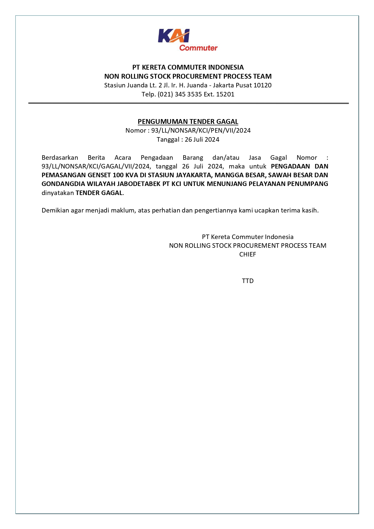 8 pengumuman tender gagal 93 pengadaan dan pemasangan genset 100 kva